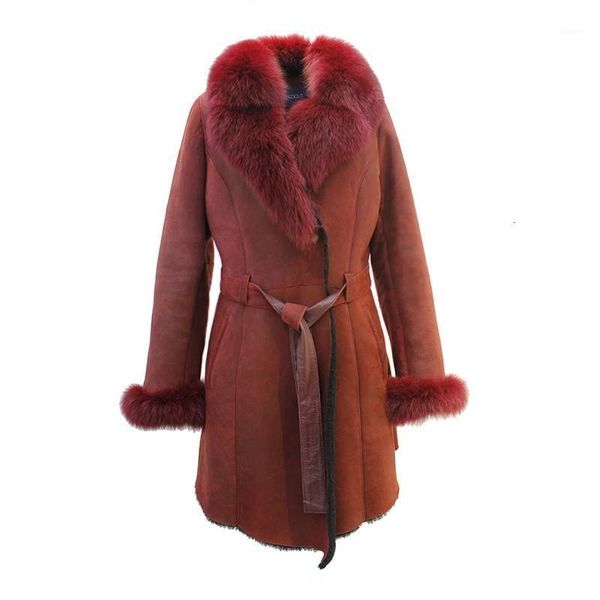 

women luxury lamb wool double-faced fur mid long coats with fur collar thick warm winter belt real coats1, Black
