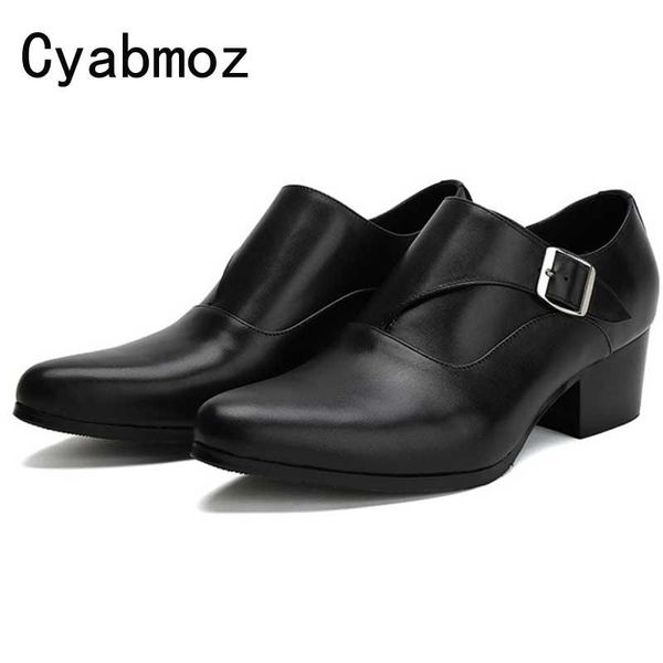 

mens genuine leather dress shoes high heels fashion pointed toe buckle oxfords wedding shoes height increase career work shoe, Black