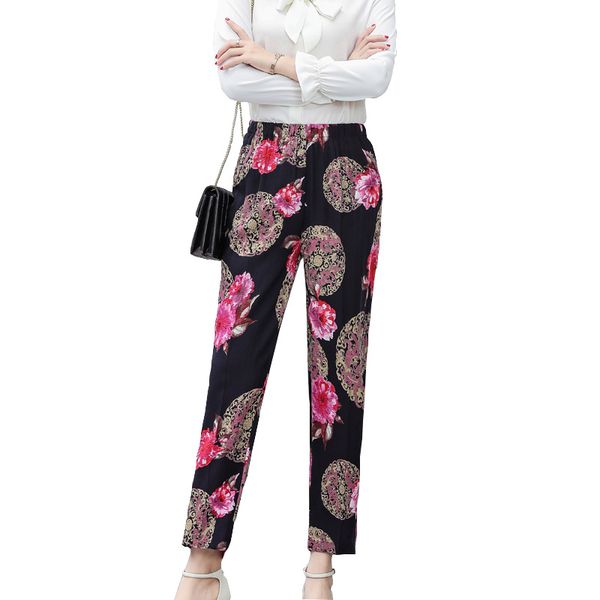 

2021 new women pencil pants casual print summer spring elastic mid-waist female trousers dtw8, Black;white