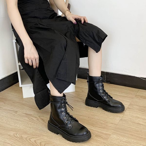

new fashion european style black ankle boots flats round toe black lace-up boots woman platform leather shoes botas mujer