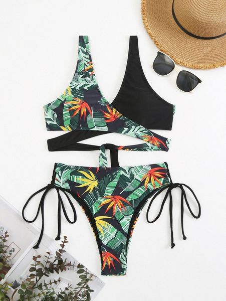 

tropical print wrap bikini swimsuit g8td#, White;black