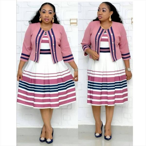 

2019 summer plus size women twice piece set short coat with knee length dress striped print two piece set casual suit xl6028, Gray