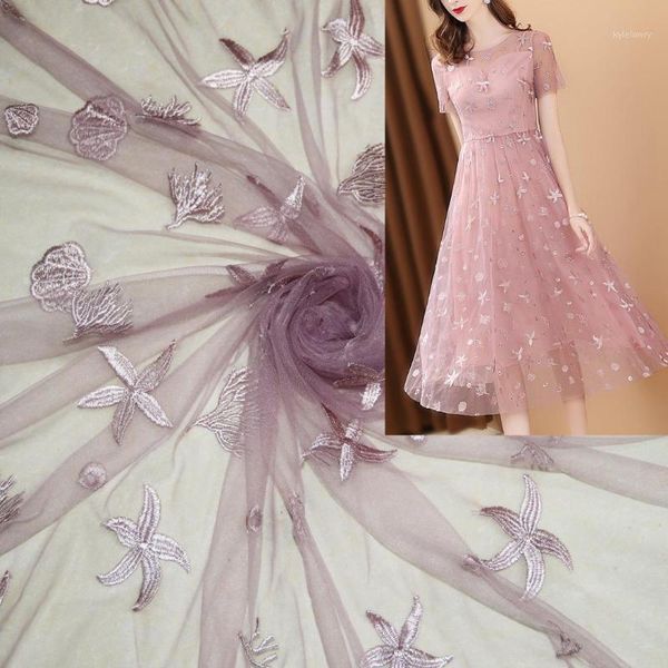 

starfish embroidered soft tulle pink shells printed mesh fabric girls clothes women dress material ocean coral printing fabric1, Black;white