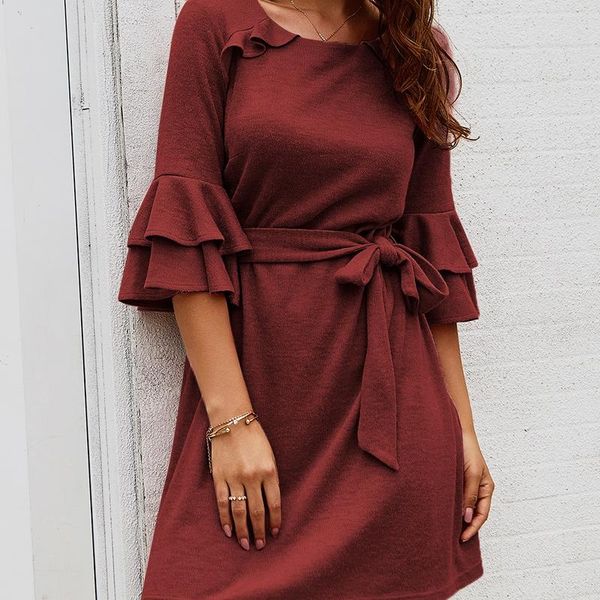 

women spring and autumn casual lightweight 3/4 sleeve round neck a-line dress comfort tie up waist with belt short dresses, Black;gray