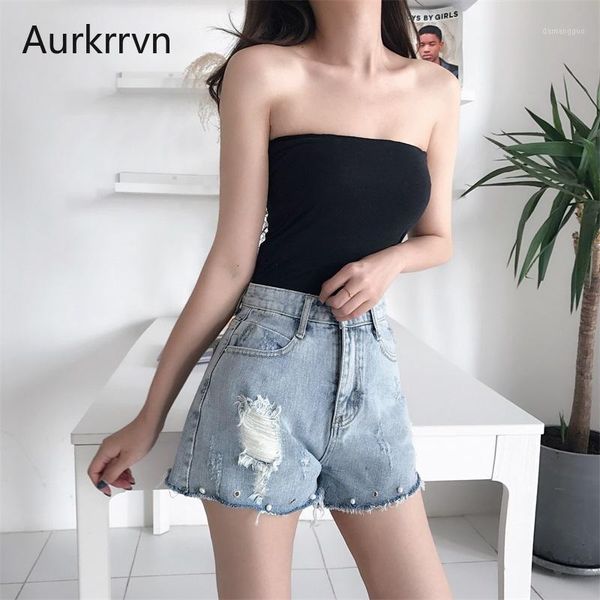 

aurkrrvn boho women jean shorts summer pearl ripped hole pocket feminine denim shorts high waist wide leg short denim 20201, Blue