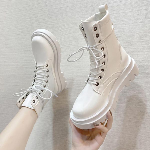 

boots women's shoes white high heel pu leather ankle autumn winter round toe lace up woman fashion platform1, Black