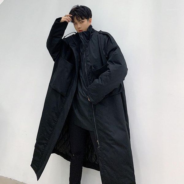 

men's down & parkas male japan streetwear vintage loose cargo jacket men winter thicken stand collar cotton padded long coat outerwear1, Black
