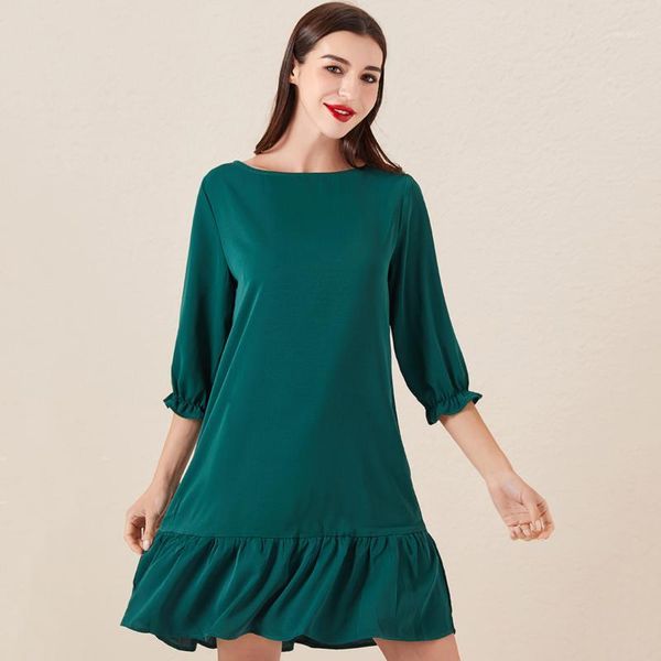 

2020 dress women's casual o-neck plus size dress solid color ruffle cropped sleeve loose ropa wholesale1, Black;gray