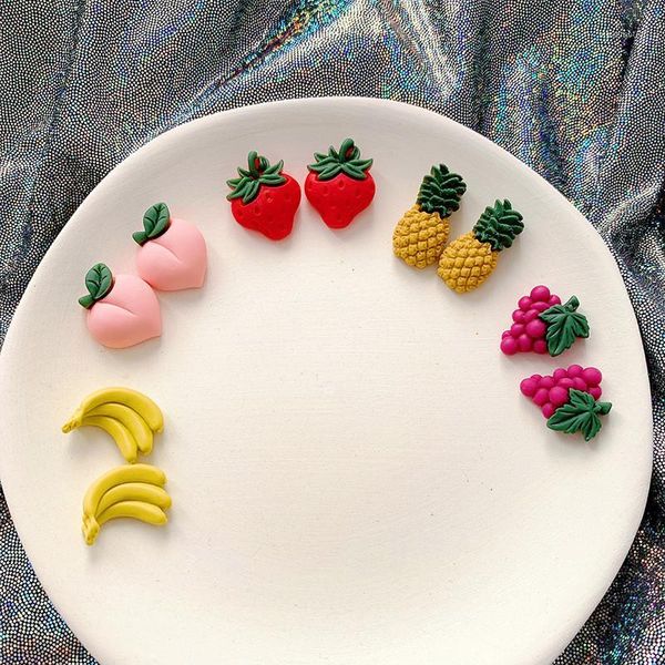 

fashion fruit resin stud earrings for women cute strawberry banana peach grape pineapple acrylic stud earrings female jewelry1, Golden;silver