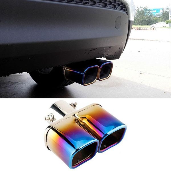 

car universal 63mm stainless steel rear dual outlet exhaust pipe square muffler tail throat pipe roasted blue1
