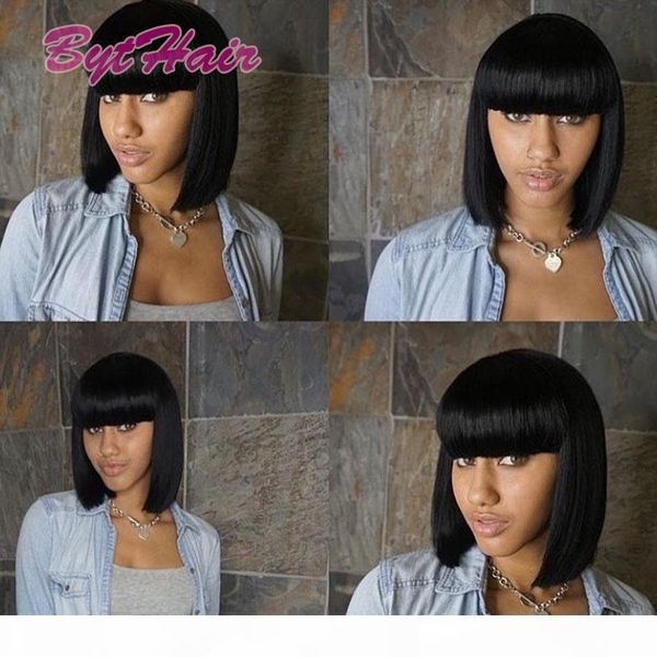 

bythair human hair lace front wig short straight bob wig with bangs brazilian hair full lace wig with baby hair for black women, Black;brown