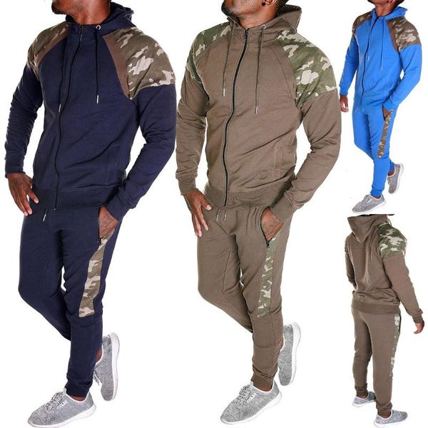 

men's tracksuits mjartoria men tracksuit set camo patchwork sweat suit mens sports hoodie sweatshirt sweatpants 2 pieces jogger outfit, Gray