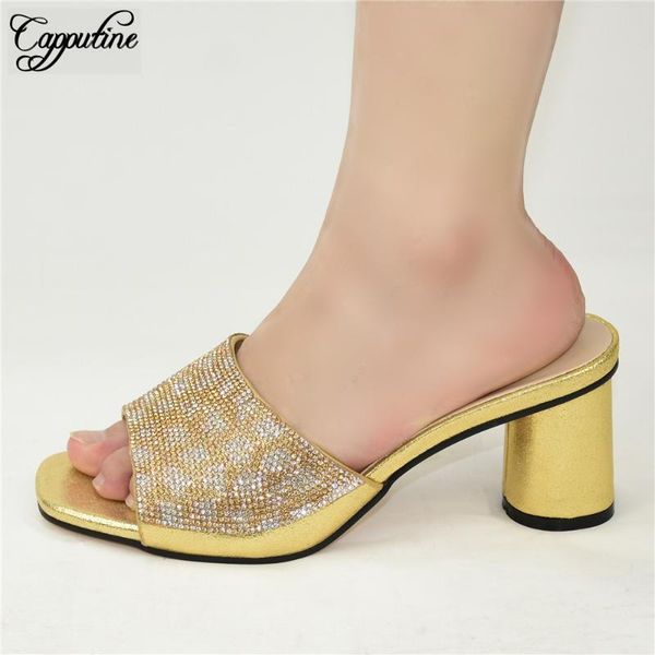 

elegant party shoes gold african lady high heel slipper shoes with rhinestones 88-28 heel height 7.5cm, Black