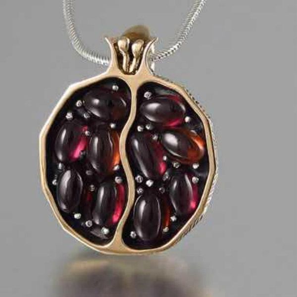 

vintage red pomegranate garnet pendant necklace natural red stone chain necklaces for woman girl boho jewelry gift collier femme, Silver