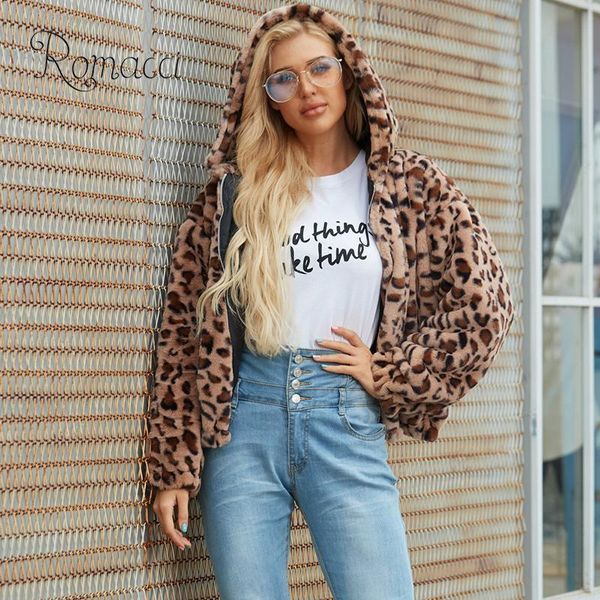 

fashion women winter leopard print fluffy coat hooded long sleeve zipper pocket thick warm casual jacket outerwear, Black;brown