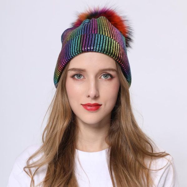 

janefur new fashion 100% acrylic knit beanie with a raccoon fur pompom, Blue;gray