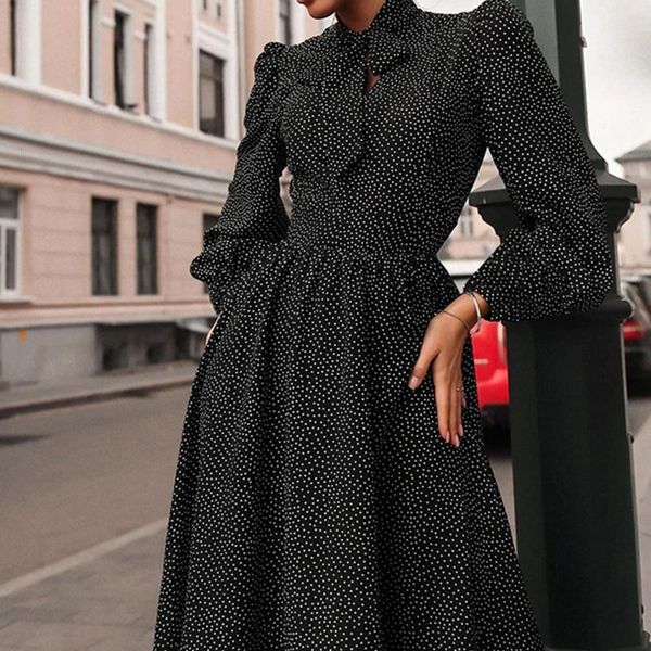 

french romance retro women casual point print square collar ruffles sleeve midi es lady 2021, Black;gray