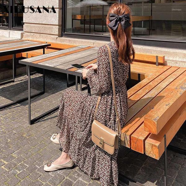 

xibusana autumn elegant bow-neck chiffon dress women flare sleeve a-line floral print female dress vintage long vestidos femme1, Black;gray