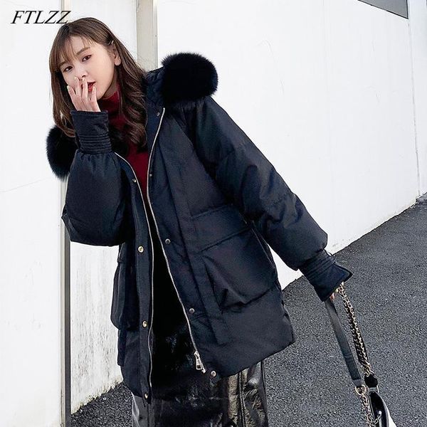 

ftlzz winter women large natural fur collar hooded down parkas 90% white duck down coat thick warm loose black snow outwear1