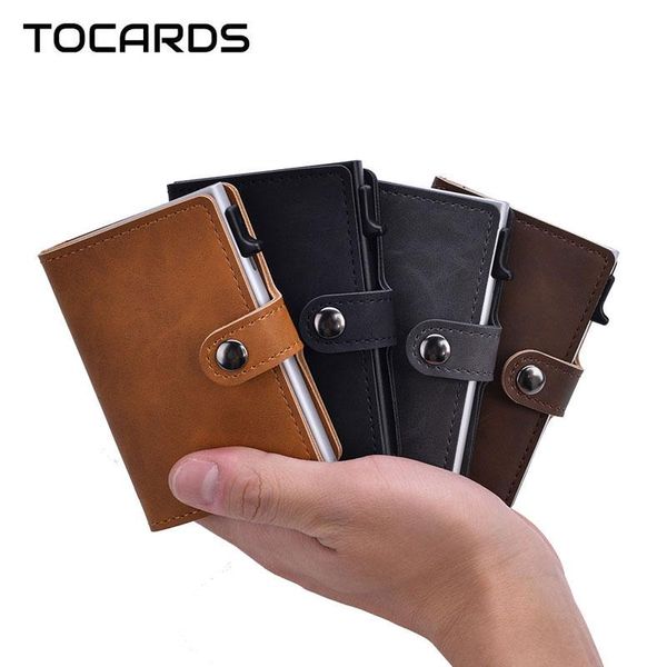 

tocards rfid vintage men holder aluminum alloy business id card case automatic male metal leather cardholder wallet, Brown;gray