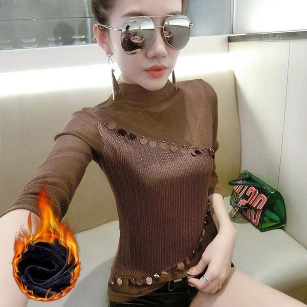 

winter thickened base / coat autumn 2020 new slim fit and versatile half high collar mesh long sleeve t-shirt for women, Black;gray