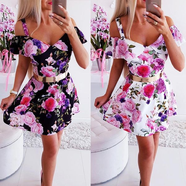 

2021 new women summer dress fashion print high waist sling v-neck mini dress ladies slim off shoulder backless dresses, Black;gray