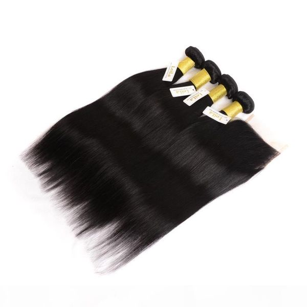 

brazilian 3 bundles with 4x4 lace closure middle three part 4pieces lot human hair extensions straight hair 8-28inch, Black;brown