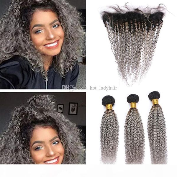 

dark roots grey ombre brazilian kinky curly hair bundles with frontal lace closure 1b gray ombre human hair weaves with frontal, Black;brown