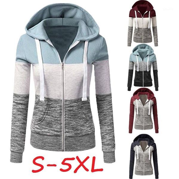 

women sweatshirts hoodies winter casual hooded zipper patchwork woman outwear fashion plus size color block female sweatshirts1, Black;brown
