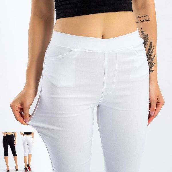 

yoga outfits women's plus size s-xxxl summer slim waist solid leggings stretch fashion pencil pants crops for female1, White;red