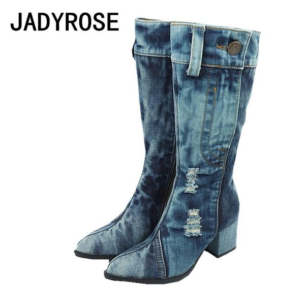 

pointed toe cowgirl boots blue denim chunky high heels autumn botines mujer fashion zapatos mujer punk bota feminino shoes, Black