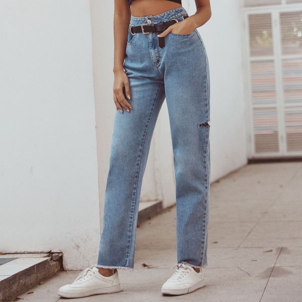 

30108# women's fashion versatile straight high waist cattle trousers, Blue