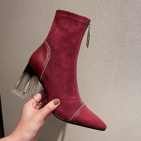 

boots women booties 2021 brand fashion party flock ankle black wine red pointed toe autumn winter 8cm high heels shoes