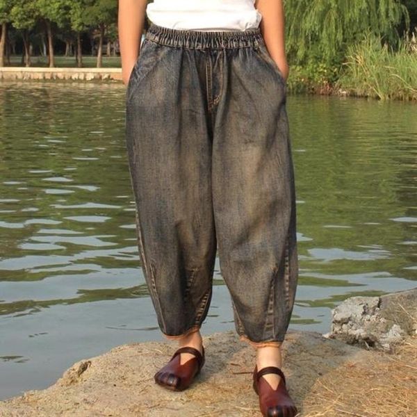 

new arrival spring arts style women elastic waist loose jeans cotton denim pants ladies jeans big size casual vintage s533, Blue