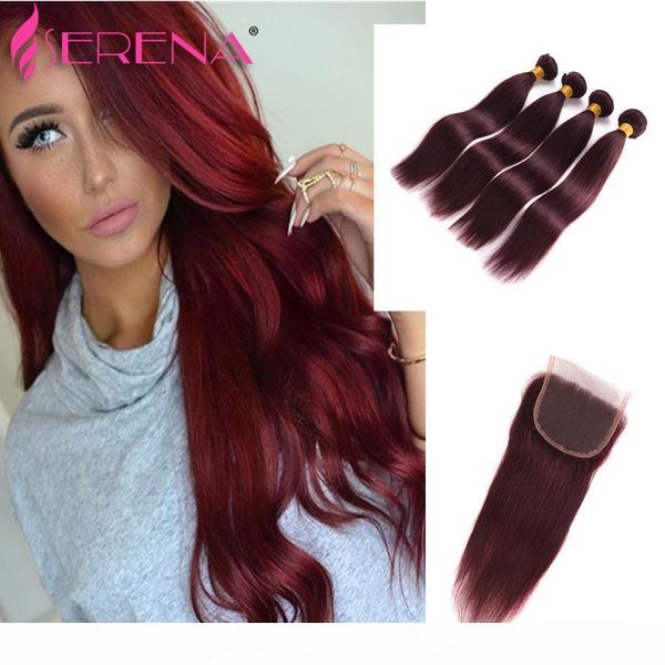 

body wave burgundy virgin hair indian human virgin hair straight red wine 99j straight indian hair 4 bundles with closure, Black;brown