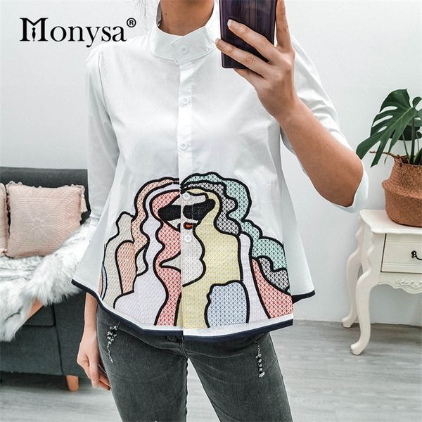 

abstract embroidery shirts summer arrival fashion half sleeve white blouse ladies loose casual 220308