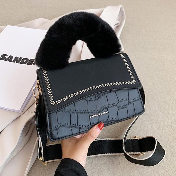 

s.ikrr faux fur shoulder handle stone pu leather crossbody bags for women 2020 shoulder handbags and purses women's hand bag