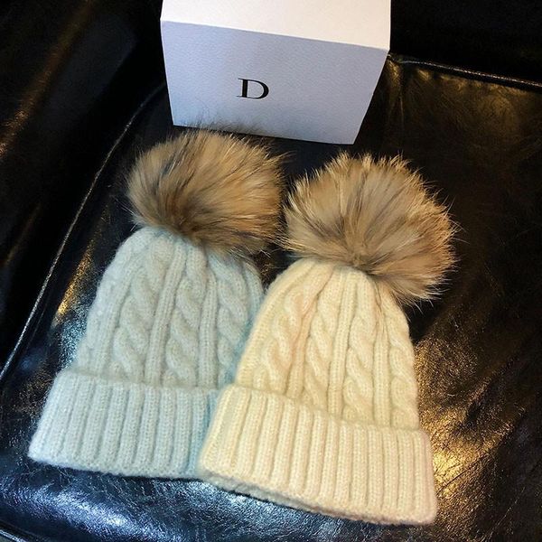 

women lady fur pompom winter hats warm big real raccoon fur ball knit beanie hat crochet cap, Blue;gray