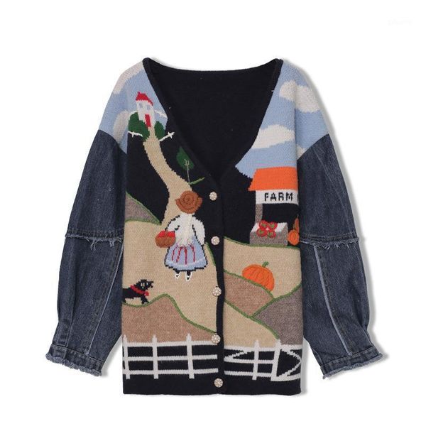 

autumn embroidery cartoon pattern cardigans england style women knitwear coats denim long sleeve patchwork patchwork sweater1, White