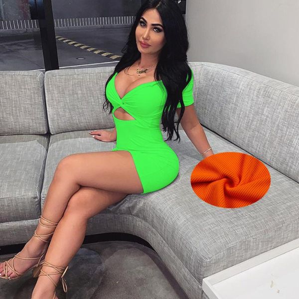 

neon green v neck low cut bustier hollow out dress women knitting ribbed solid color lady party club mini dress vestidos, White;black