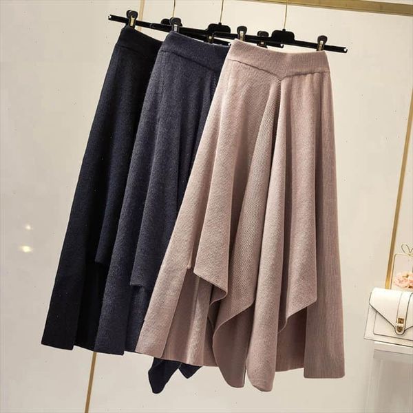 

grey black beige flexible elastic stretchy high waist asymmetrical warm knitted skirt for women winter womens skirts saia saias