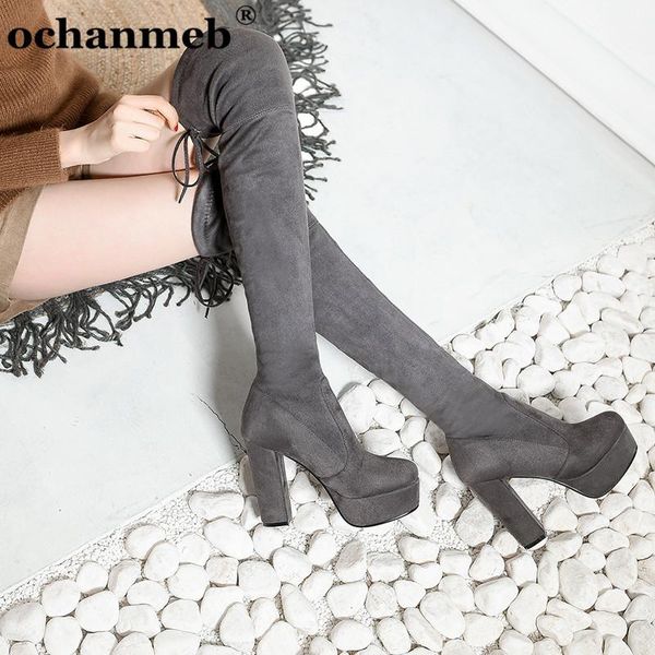 

ochanmeb плюс размера 43 женщин бедер сапог высоких каблуков растянуть искусственную замшу над коленом в ботинках леди обнаженных красных зи, Black