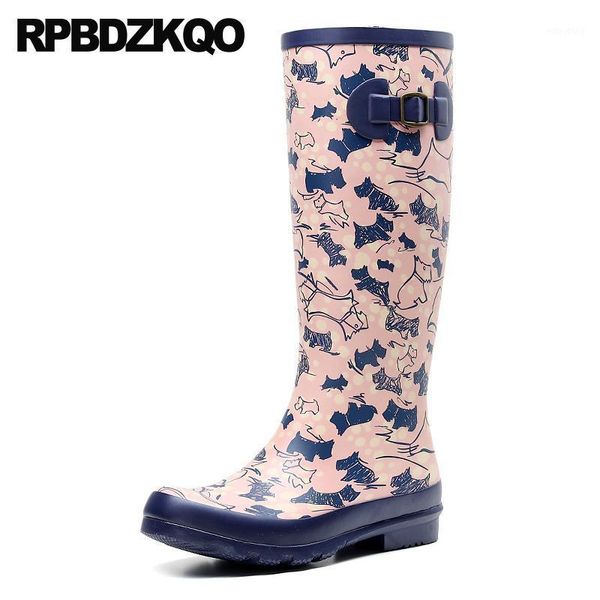 

designer shoes women luxury 2020 big size slip on waterproof boots rain knee high plus wide calf animal print pink rubber ladies1, Black