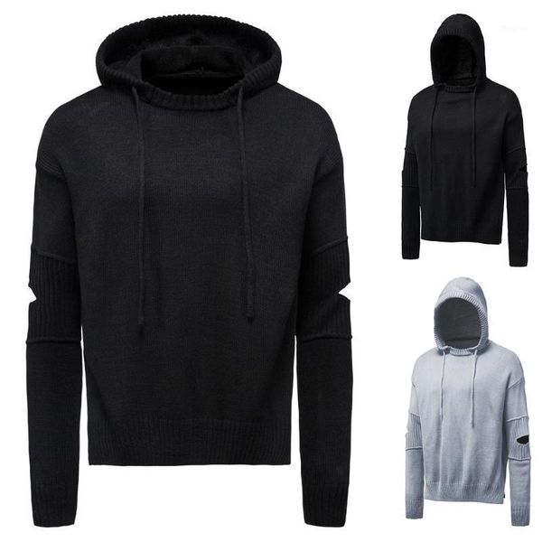 

men knitted sweater hooded pullover sweater o-neck solid hole fashion streetwear hoodies loose casual daily male clothes d301, White;black