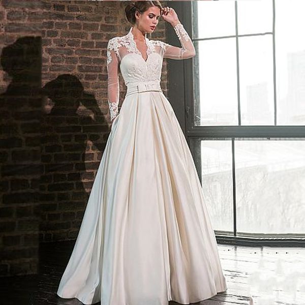 

elegant wedding dresses deep v-neck long-sleeves belt custom made appliqued lace bridal gowns glitter sweep train robes de mariÃ©e, White