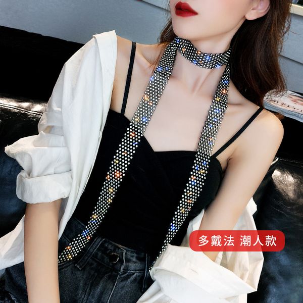 

exaggerated shiny multi drainage drill long tassel clavicle chain net red personality neck band black necklace, Silver
