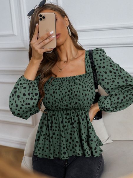 

dalmatian print square neck shirred peplum blouse g5f2#, White