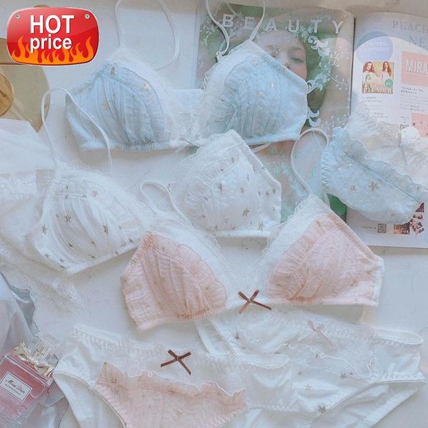 

sweet lolita cute lolita bra and panty sets underwear for young girl women intimates star print ultra thin bras thong brief #0z6o, Black;white