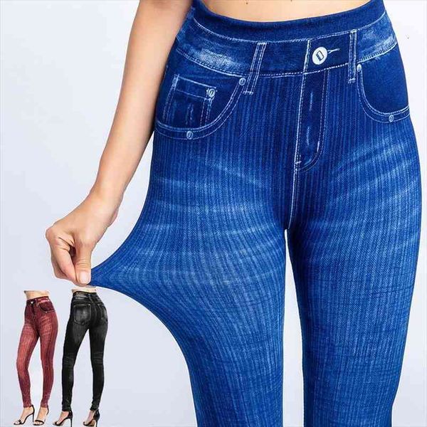 

faux jeans leggings women stretch printed short leggins plus size calf-length pants summer breeches high waist jeggings, Black