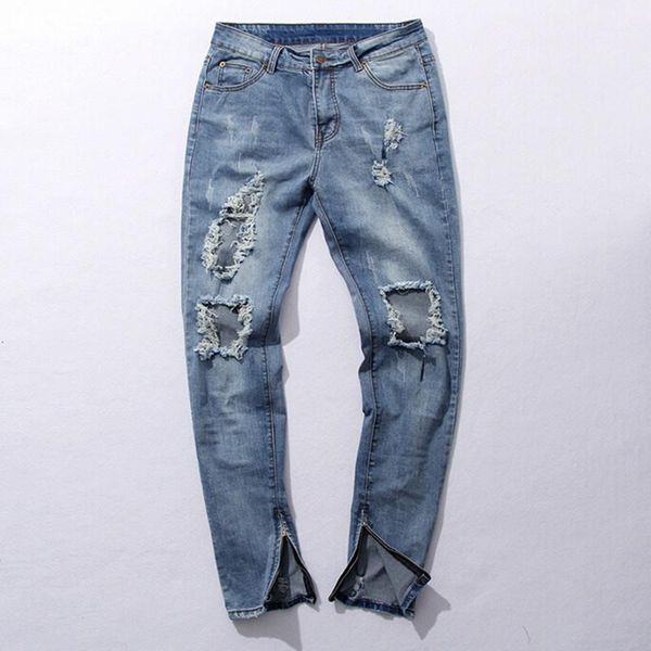 

autumn mens hip hop ripped jeans biker distressed denim pants trousers mens joggers side zipper skinny jeans homme1, Blue